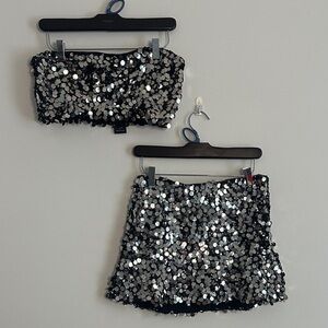 Lulu's Black and Silver Sequin Skirt Set